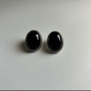 oval black silver tone stud earrings